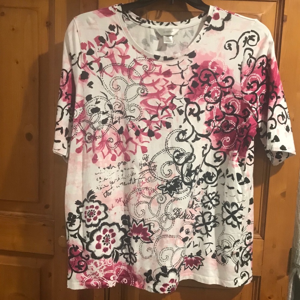 Short sleeve scoop neck  pink/black/white top 1X